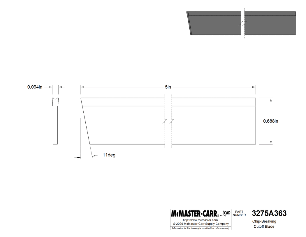 Technical Drawing of Chip-Breaking Cutoff Blade, 3/32" Wide, 11/16" High, High-Speed Steel.